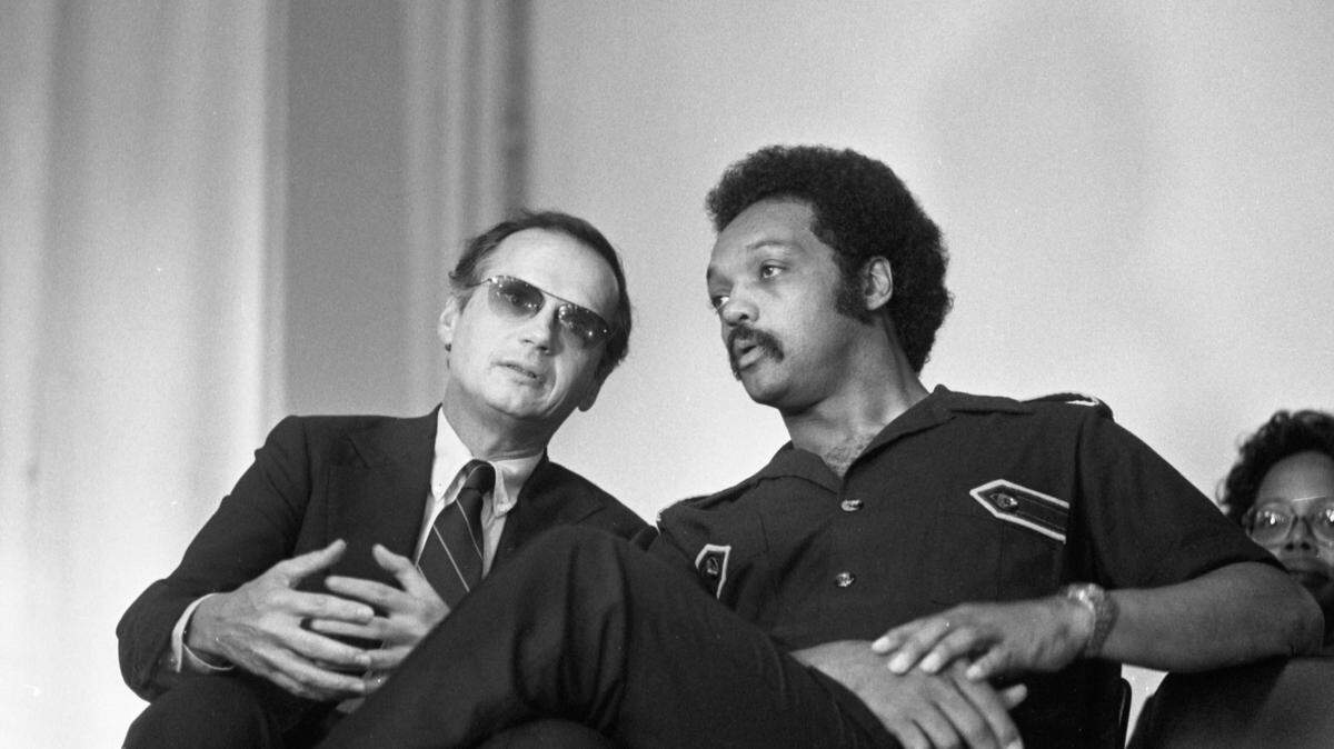 Gov. Richard Riley, left, and Rev. Jesse Jackson campaigning in support of Jimmy Carter for President in 1980.