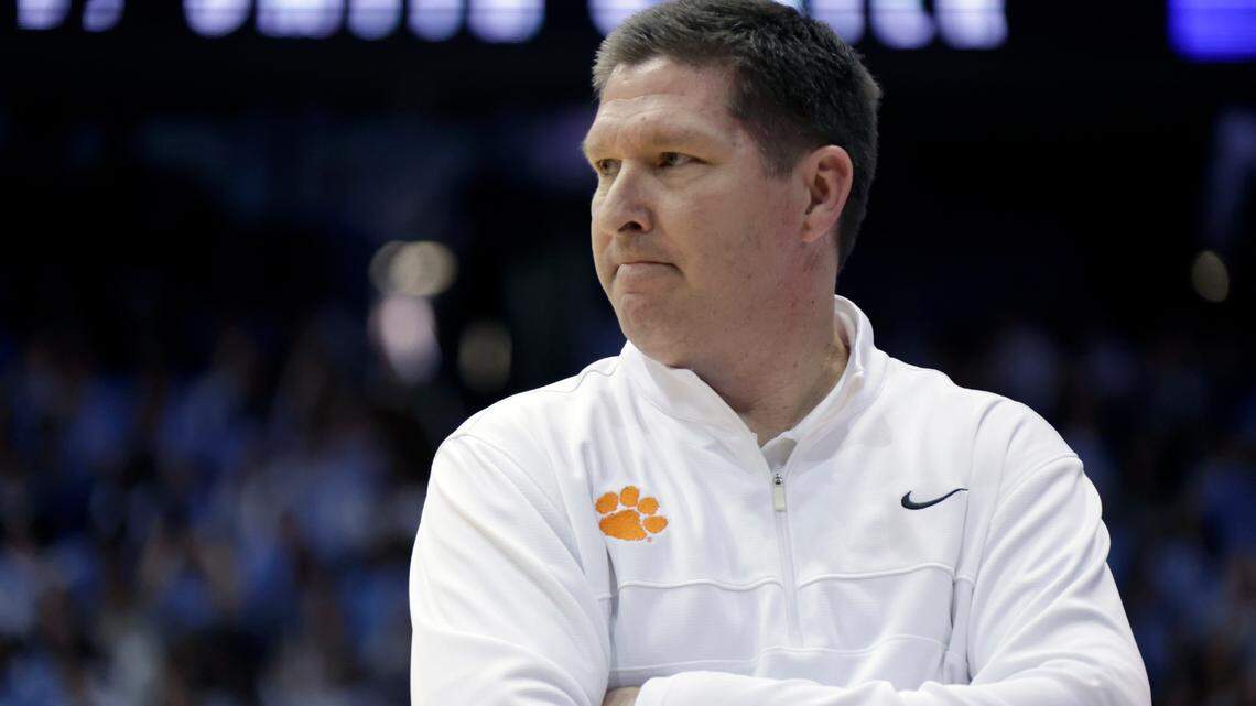 Clemson head coach Brad Brownell watches the team during the first half of an NCAA college basketball game against North Carolina, Saturday, Feb. 11, 2023, in Chapel Hill, N.C.