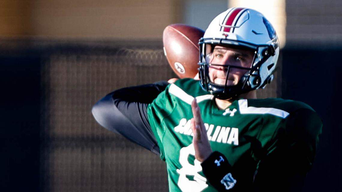 South Carolina quarterback Zeb Noland (8) throws during practice on Monday, Dec. 13, 2021. The Gamecocks are preparing for the Duke’s Mayo Bowl at the Bank of America Stadium in Charlotte.