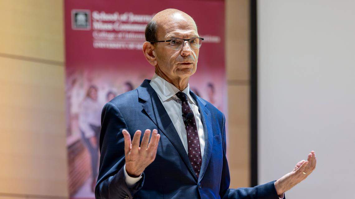 SEC Network and ESPN Radio Host Paul Finebaum speaks at The University of South Carolina on Wednesday, April 23, 2025. The program was part of the Buchheit Family Lecture Series through The University of South Carolina College of Information and Communications.