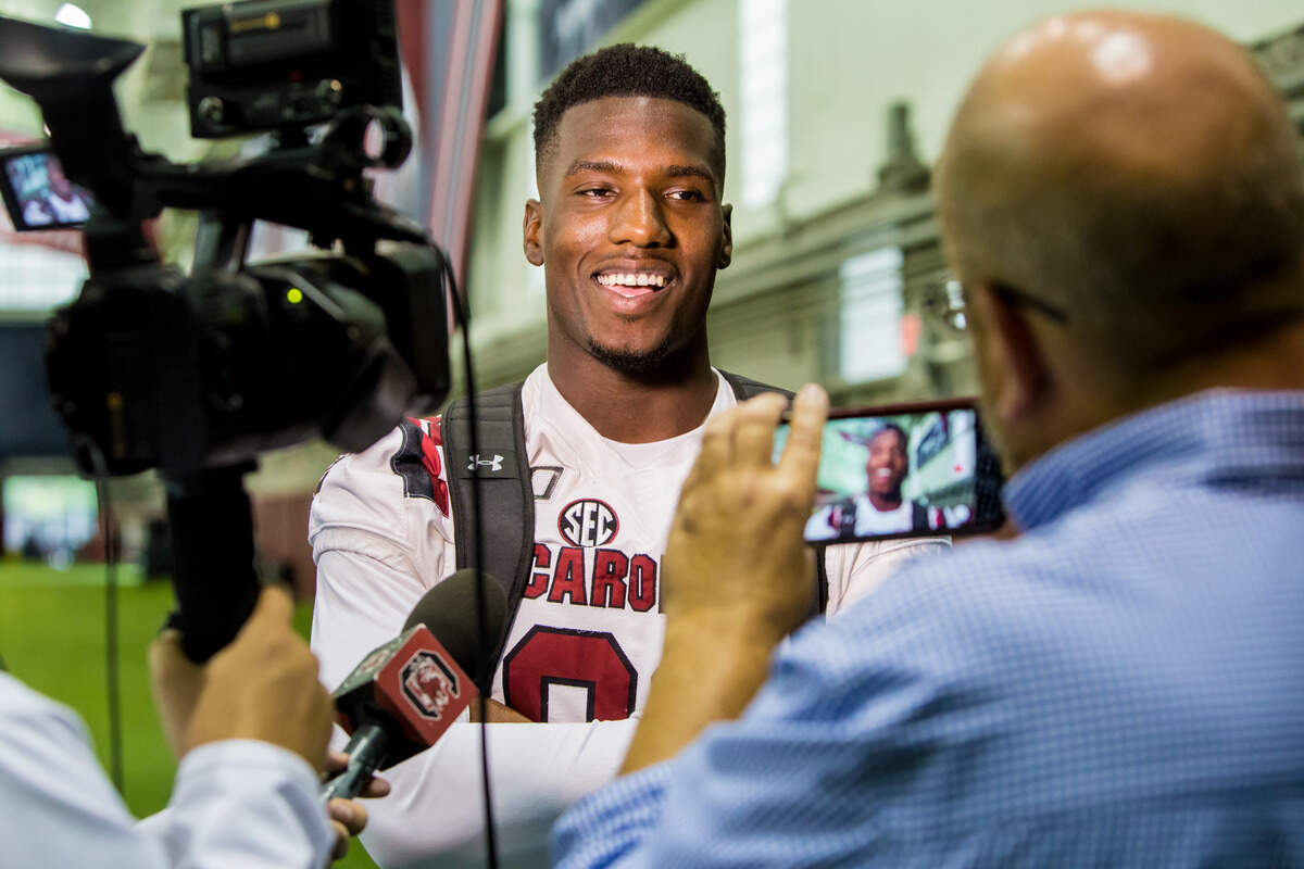 Wide receiver Bryan Edwards is interviewed during the University of South Carolina Media Day.