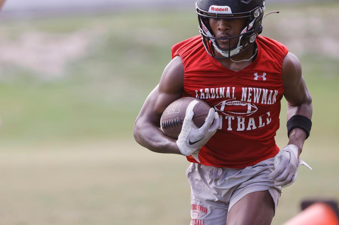 Cardinal Newman’s Cortez Lane practices football on Friday, July 28, 2023.