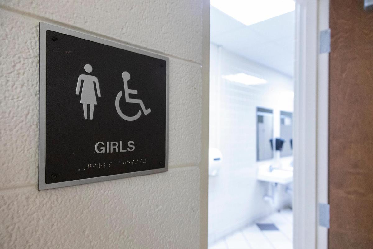 The girls’ bathroom where physical education teacher Kat Finkbeiner tried to stop Jamie Wilson, who killed two students with a revolver at Eleanor Rice Elementary School, once known as Oakland Elementary School in Greenwood, South Carolina. Friday, June 3, 2022.