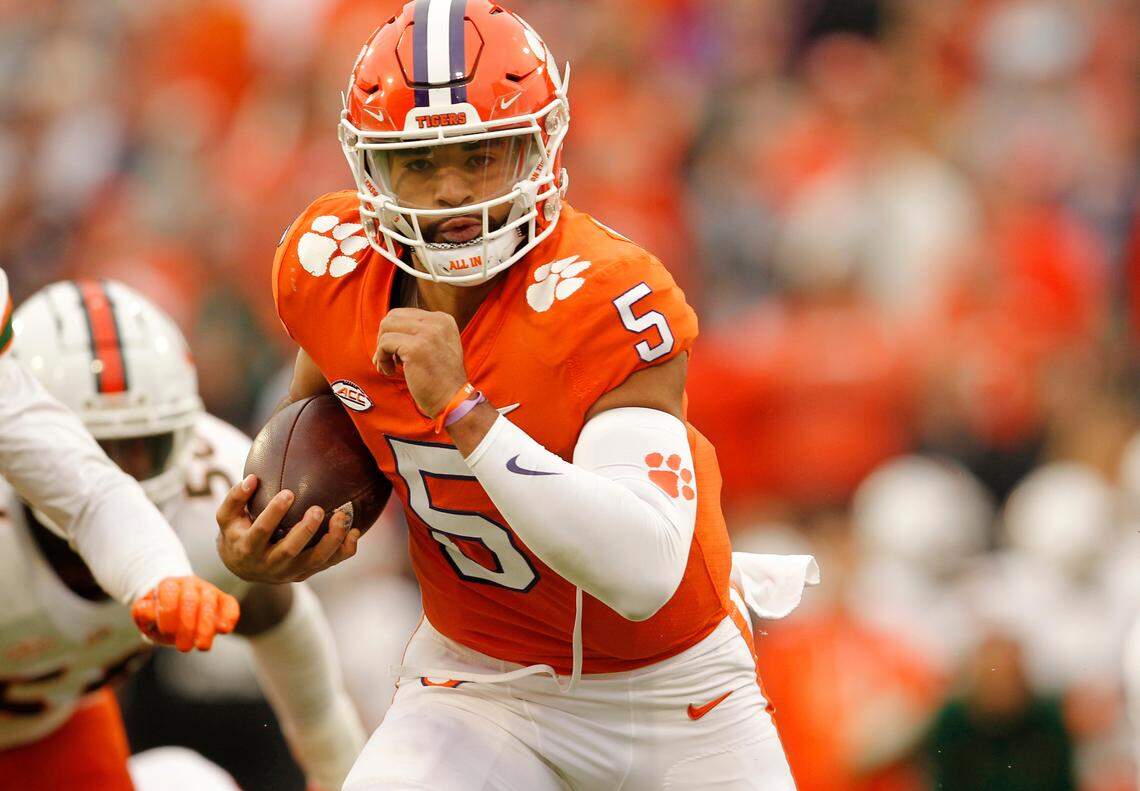 Clemson quarterback DJ Uiagalelei (5) runs for a touchdown against Miami during first-quarter action in Clemson, S.C. on Saturday, Nov. 19, 2022.
