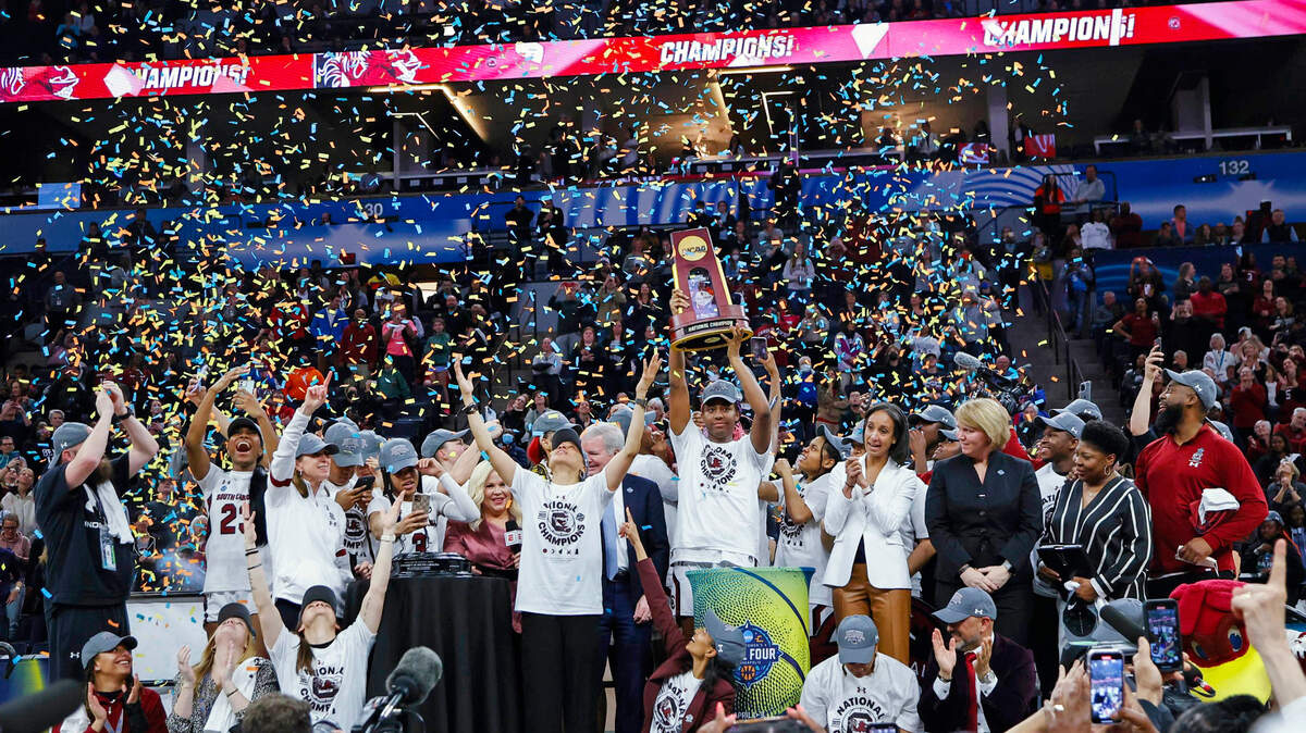 The South Carolina Gamecocks celebrate winning the national championship Sunday night at the Target Center in Minneapolis with the win over UConn.
