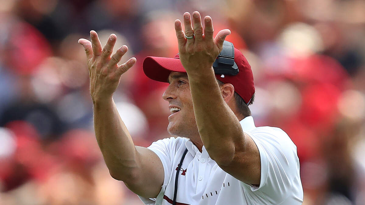 South Carolina head coach Shane Beamer reacts on the sideline during the first half of an NCAA college football game against Georgia, Saturday, Sept. 17, 2022, in Columbia, S.C. (Curtis Compton/Atlanta Journal-Constitution via AP)