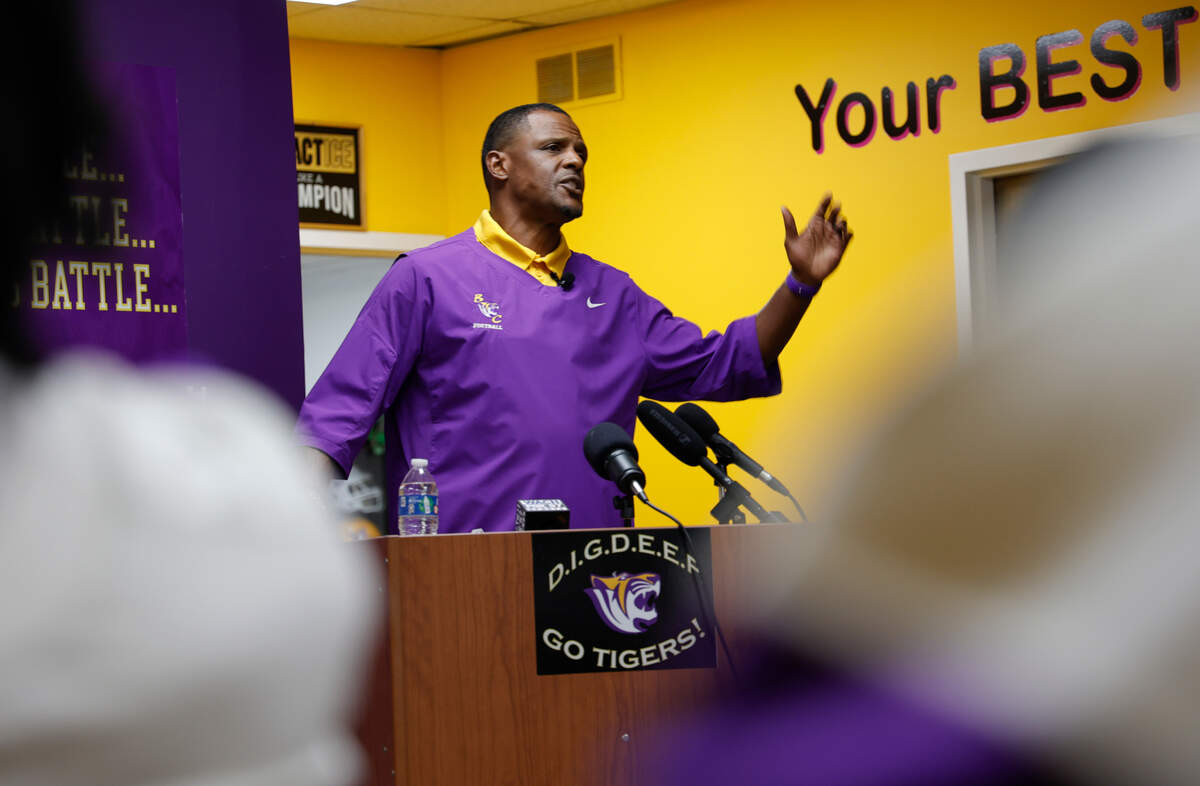 Benedict head football coach Chennis Berry at the team’s on-campus media day.