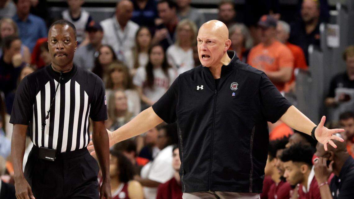 South Carolina head coach Frank Martin reacts to a call during the first half of an NCAA college basketball game against Auburn, Saturday, March 5, 2022, in Auburn, Ala. (AP Photo/Butch Dill)