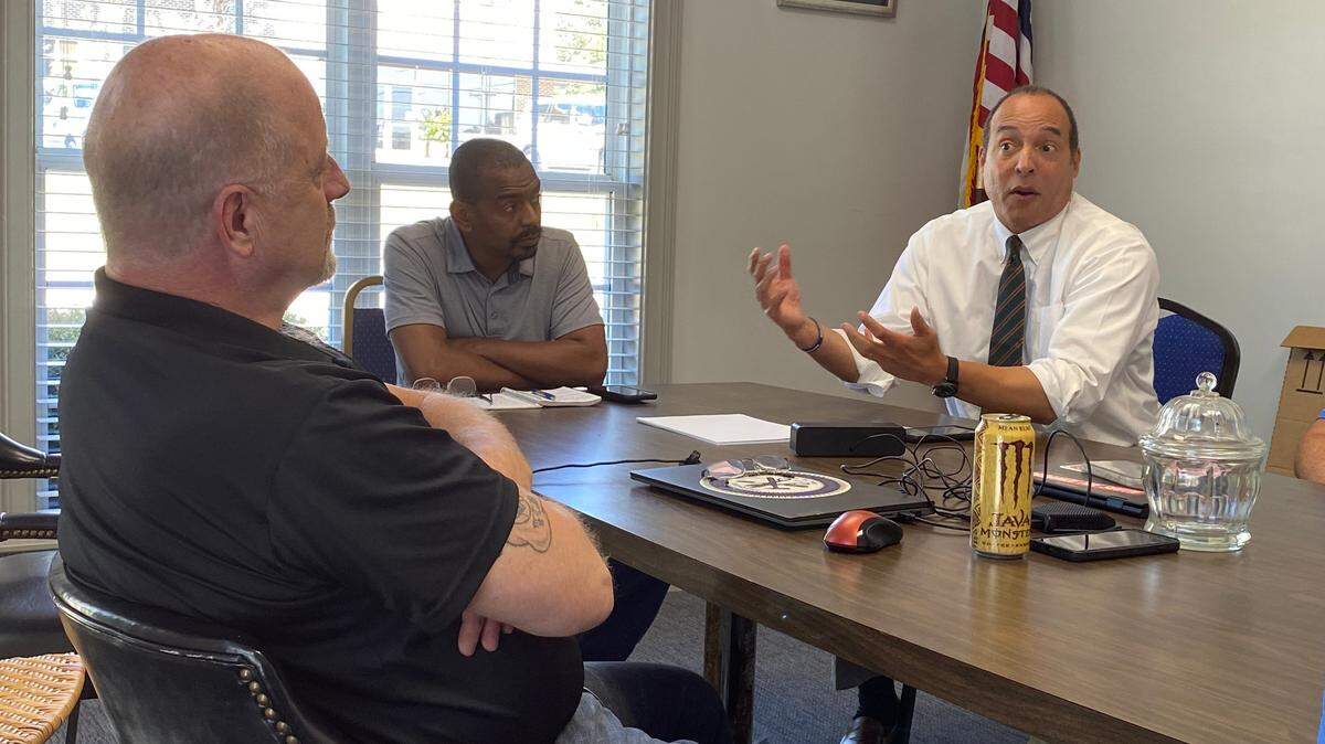 Michael B. Moore, the 2024 Democratic nominee in the 1st Congressional District race, speaks to sheet metal worker at the AFL-CIO office in West Columbia on Monday, Sept. 9, 2024.