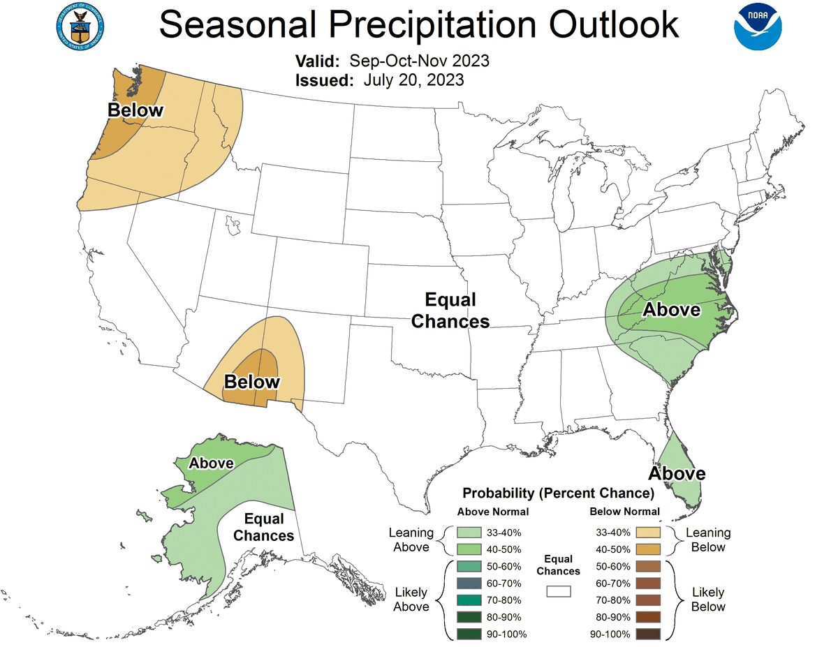 A map of the U.S. that shows seasonal rain outlooks for September, October and November.