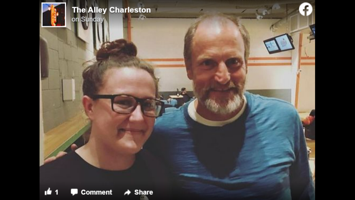 Woody Harrelson stopped at a local Charleston bowling alley and vegan bar, social media posts show.