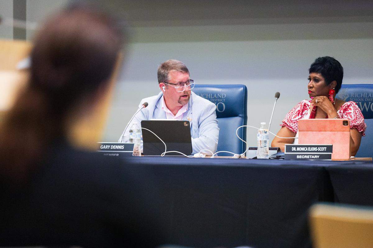 The Richland School District Two school board member Gary Dennis speaks during a board meeting on Tuesday, August 26, 2025.