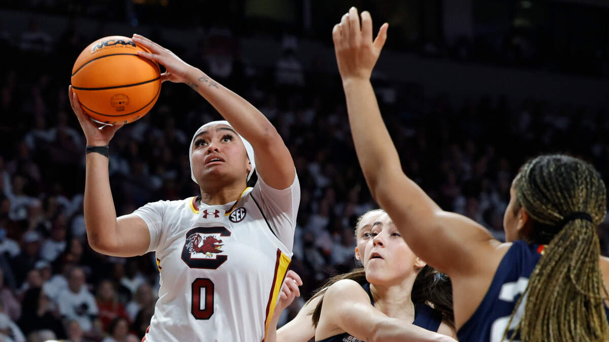 South Carolina’s Te-Hina Paopao (0) shoots over UCONN during the second half of action in the Colonial Life Arena on Sunday, Feb. 11, 2024