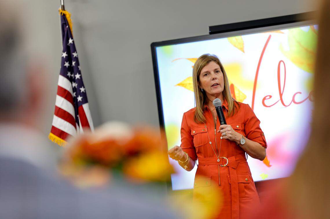 Lt. Gov. Pamela Evette speaks during a fall meeting of the Western Upstate Association of Realtors in Anderson, S.C. on Thursday, Oct. 6, 2022.
