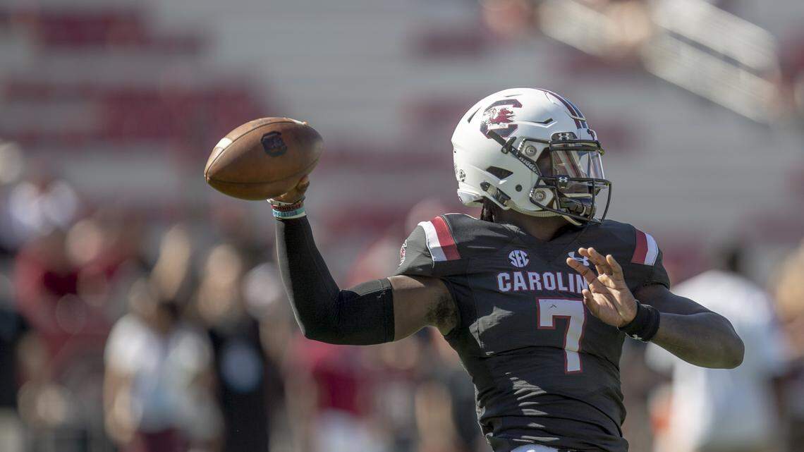 South Carolina Gamecocks quarterback Dakereon Joyner (7) warms up before the game against Texas A&M at Williams-Brice Stadium Saturday, Oct. 13, 2018, in Columbia, SC.

