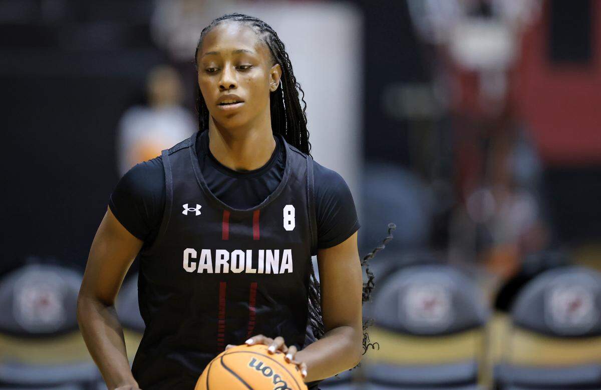 South Carolina women’s basketball and players such as forward Joyce Edwards (8) will continue to wear Under Armour jerseys and apparel for the 2025-26 season.