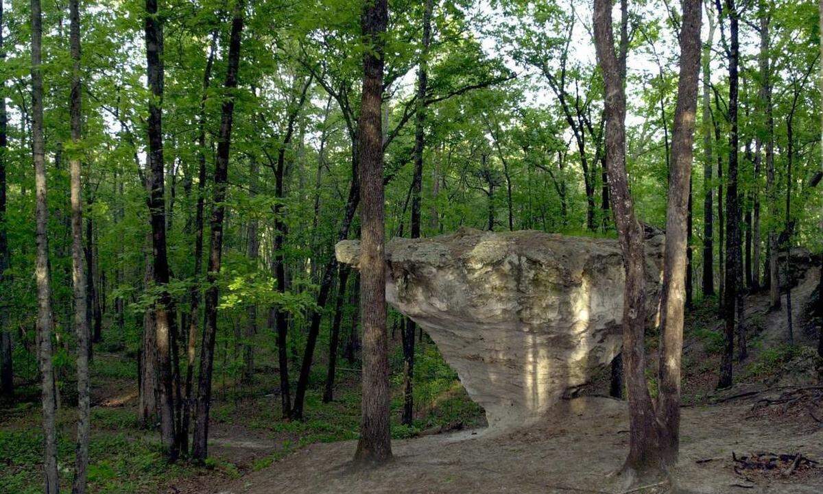 Peachtree Rock once balanced on its tip, but it eventually fell to its side. A nature preserve surrounds the rock formation in Lexington County, S.C.
