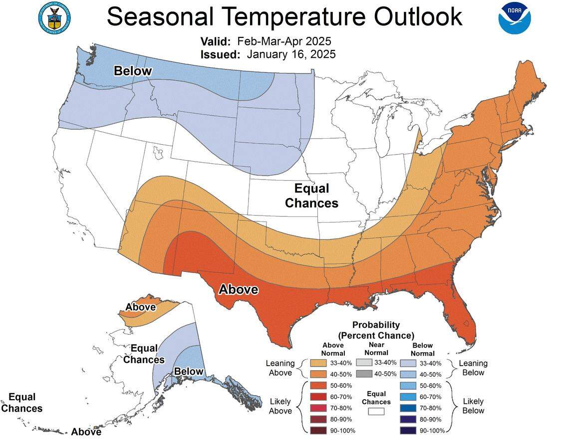 A map of the U.S. that shows possible temperature trends from February through March.