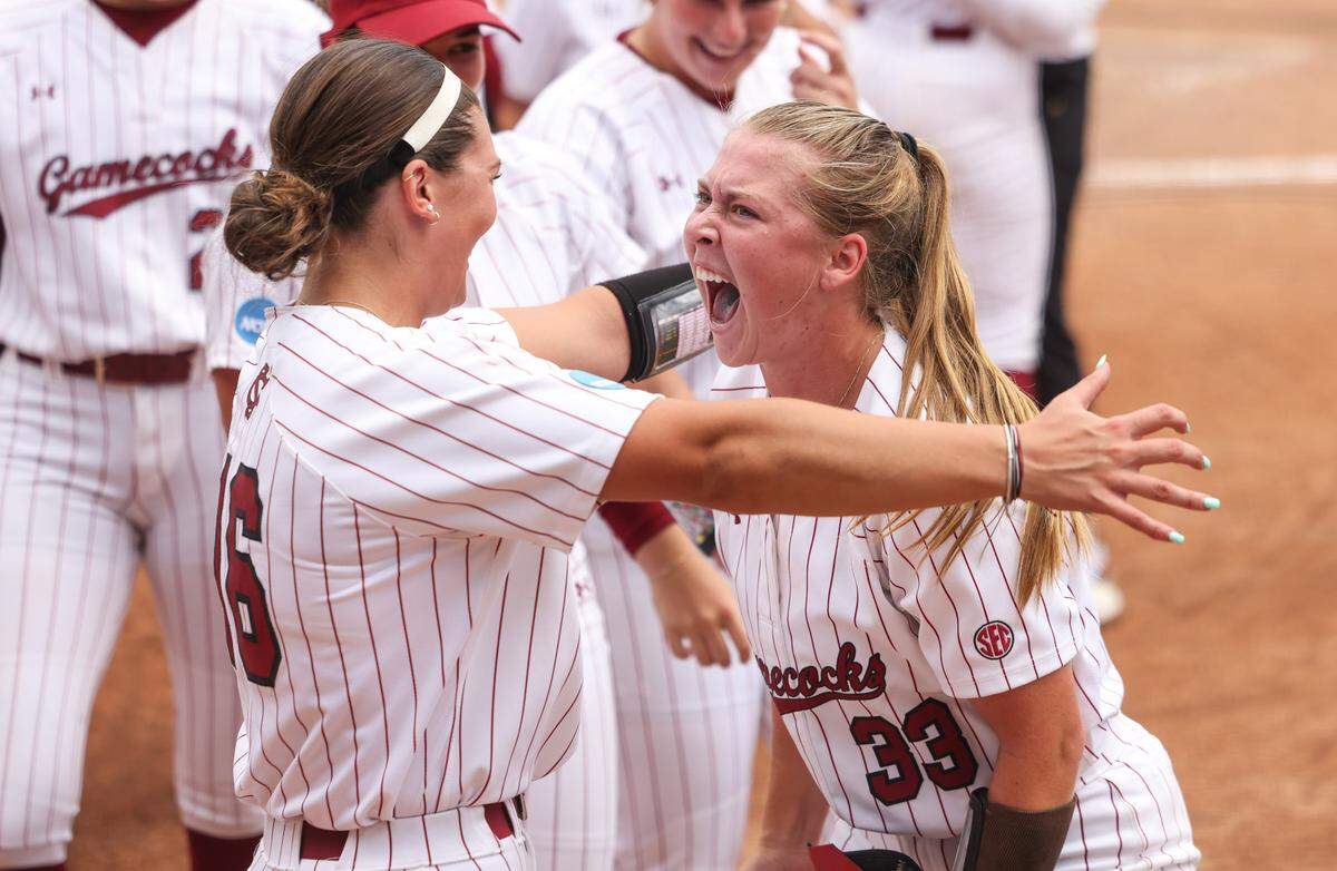 South Carolina infielder Karley Shelton (33) celebrates with teammate infielder Arianna Rodi (16) following the Gamecocks’ game against North Florida at Beckham Field in Columbia on Sunday, May 18, 2025.