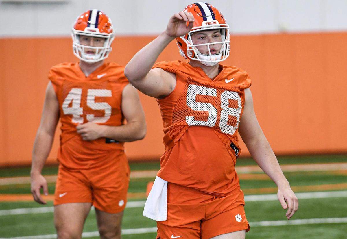 Clemson long snappers Phillip Florenzo (45) and Holden Caspersen (58) during Spring practice in Clemson, S.C. Friday, March 4, 2022. Clemson Spring Football Practice March 4