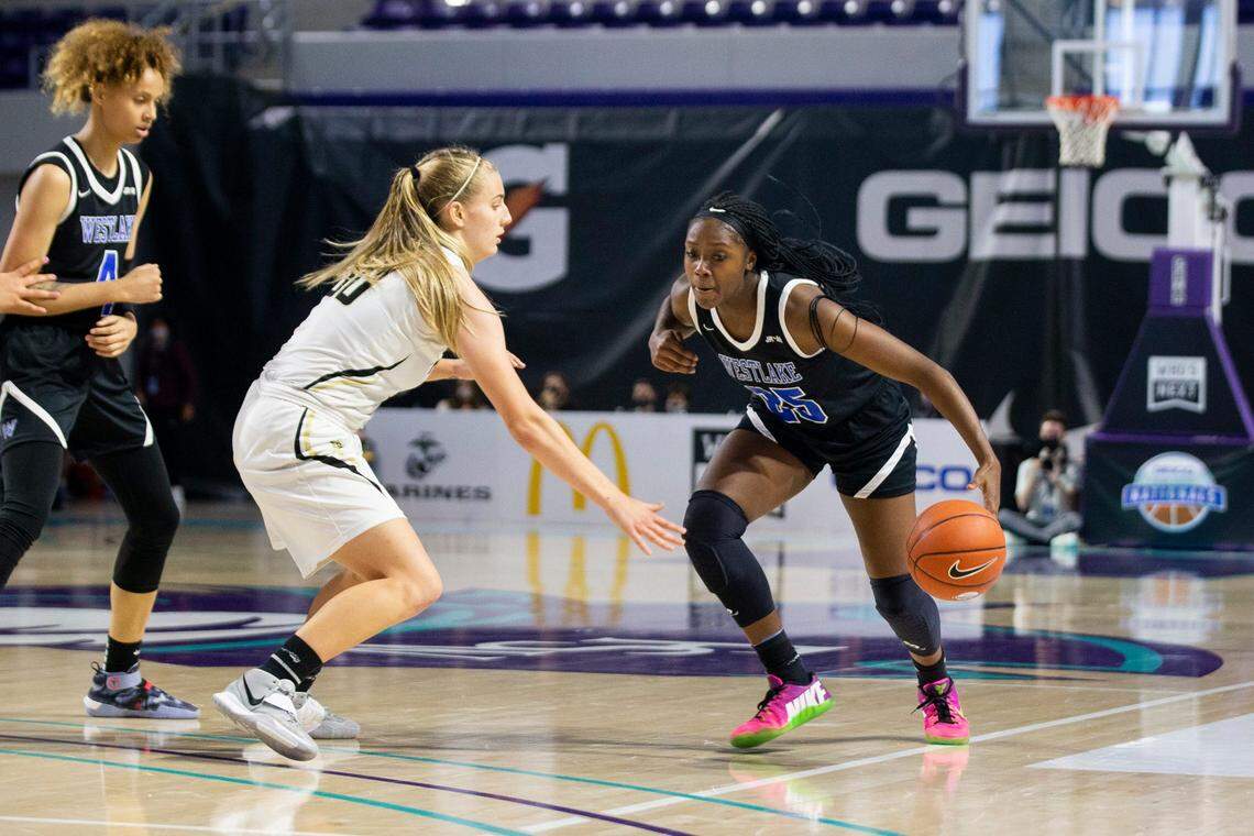 Westlake’s Raven Johnson dribbles the ball during the GEICO Nationals Tournament girls championship game at Suncoast Credit Union Arena in Fort Myers on Saturday, April 3, 2021. Westlake High School (Georgia) beat St. Paul VI Catholic High School (Virginia) 70-50.