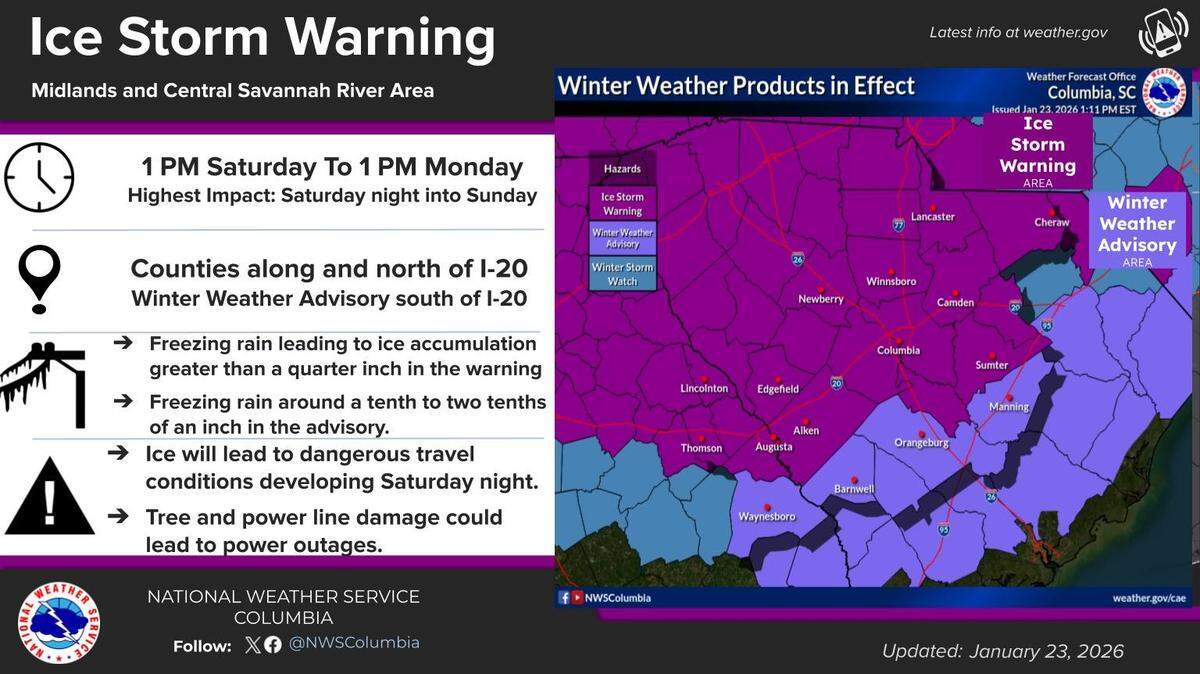 An ice storm warning has been issued for the Midlands this weekend, covering all of Richland and Lexington counties, the National Weather Service announced early Friday afternoon.