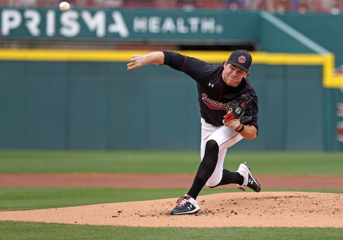 South Carolina’s Jack Mahoney pitches during the game against UMass Lowell in Columbia on Sunday, Feb. 19, 2023.