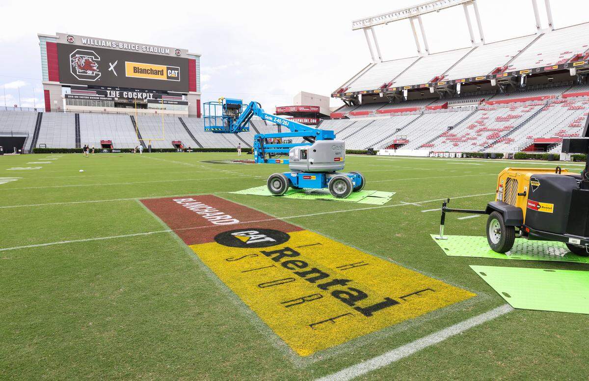Field signage for Blanchard CAT is seen on the field following a press conference announcing a partnership with Blanchard CAT at Williams-Brice Stadium in Columbia on Monday, August 11, 2025.