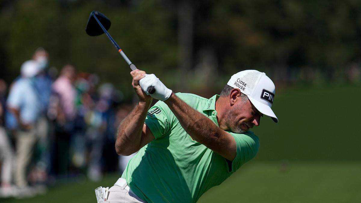 Lee Westwood, of England, hits his tee shot on the first hole during a practice round for the Masters golf tournament on Monday, April 5, 2021, in Augusta, Ga. (AP Photo/David J. Phillip)