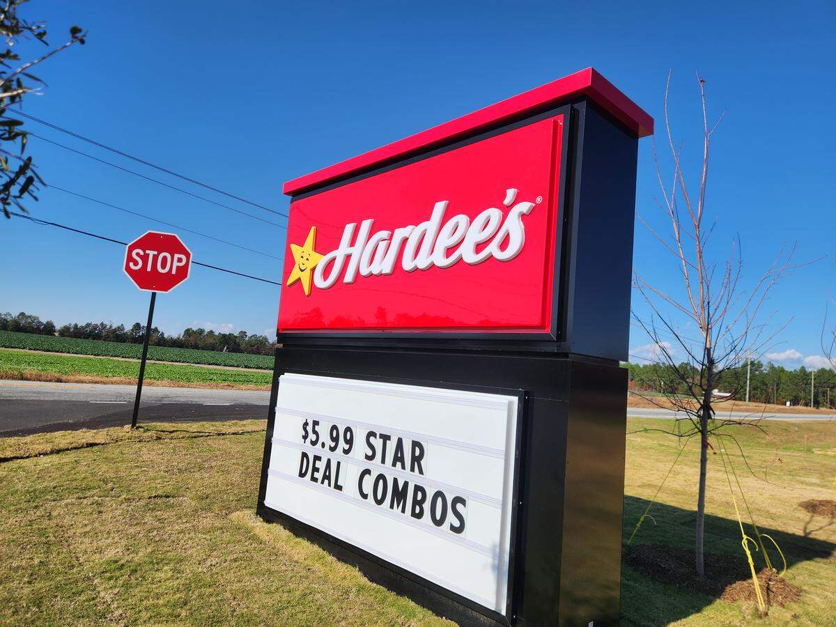 The sign at a new Hardee’s at 8039 Edmund Highway in Pelion, SC.