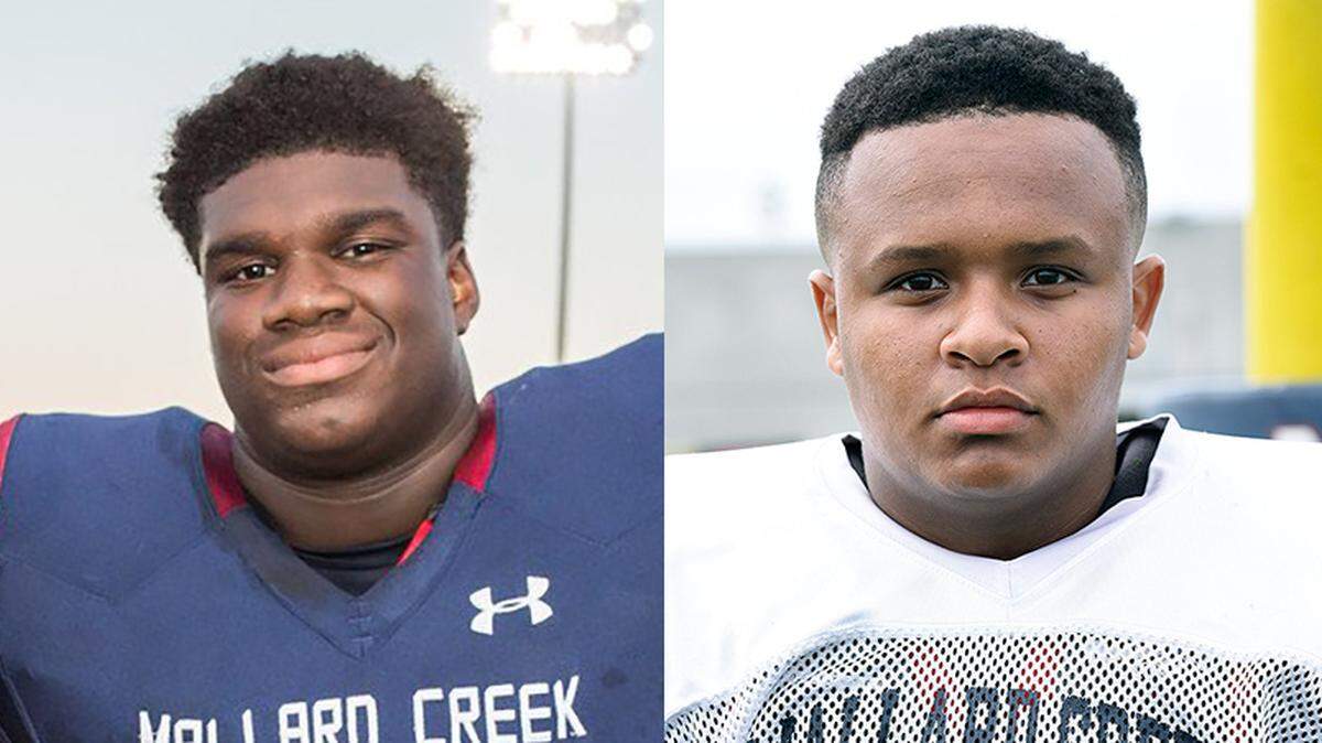 Jordan Davis, left, and Eric Douglas played prep football together at Mallard Creek High School before their careers at South Carolina and Georgia, respectively. Saturday, they’ll face off one final time in Athens.