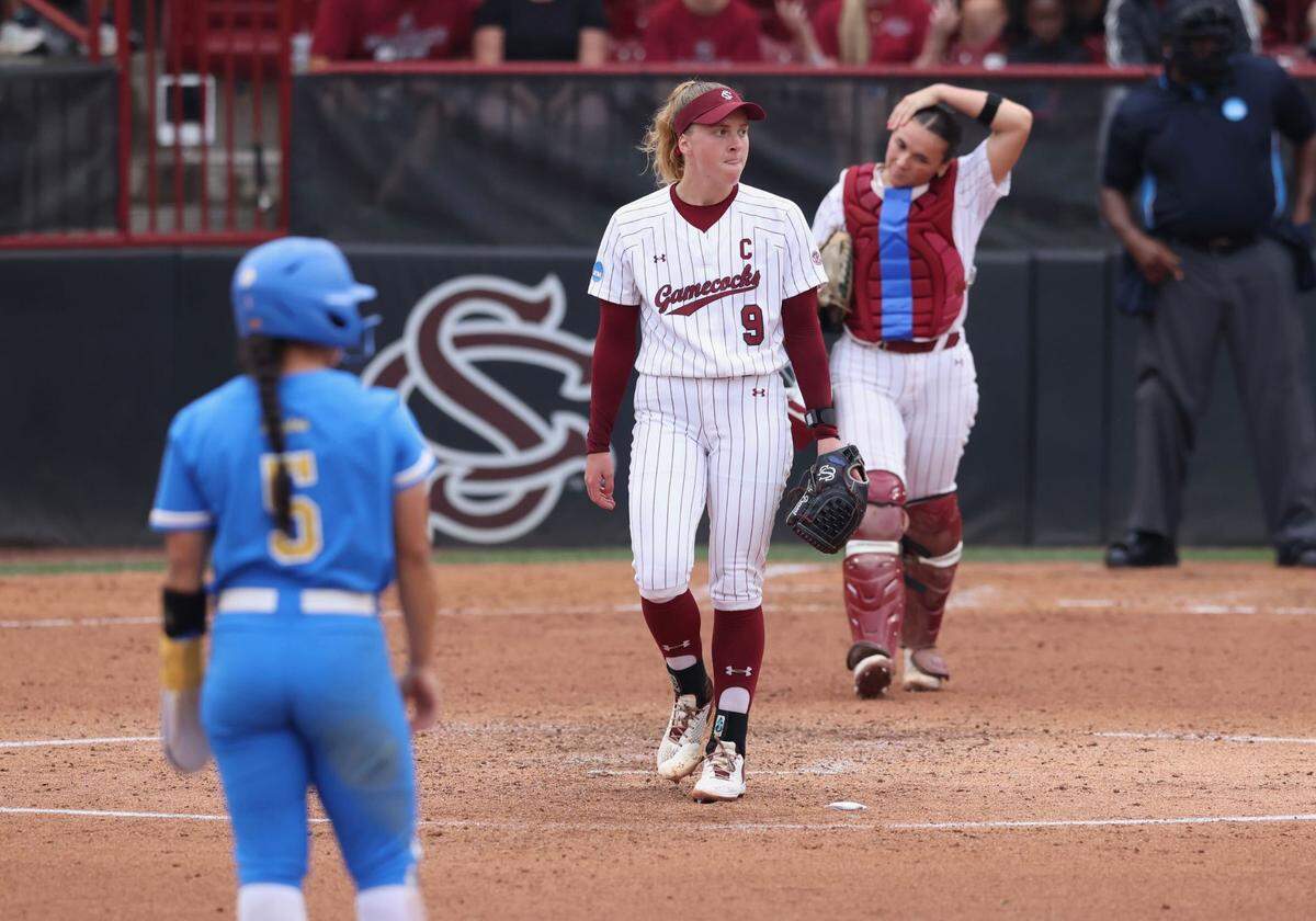 South Carolina pitcher Sam Gress looks on against UCLA during Sunday’s NCAA Tournament super regional final game at Carolina Softball Stadium.