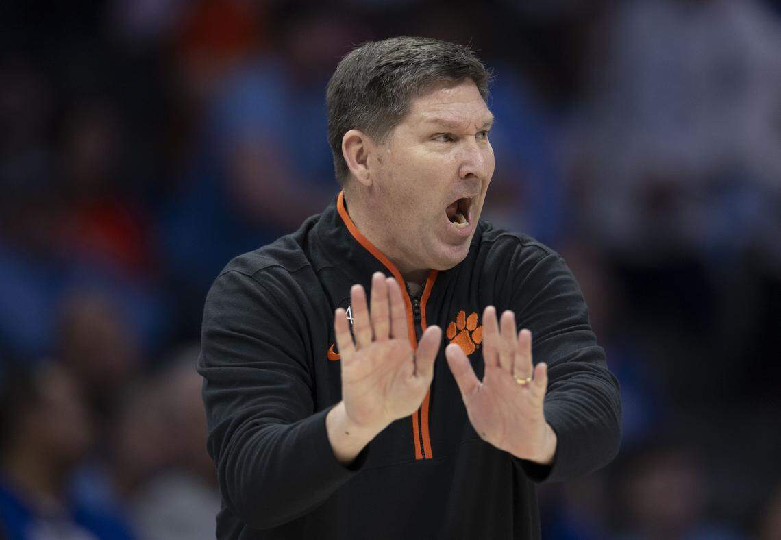 Clemson coach Brad Brownell directs his players in the closing minutes of play against North Carolina on Thursday, March 12, 2026, during the quarterfinals of the ACC Tournament at Spectrum Center in Charlotte, N.C.