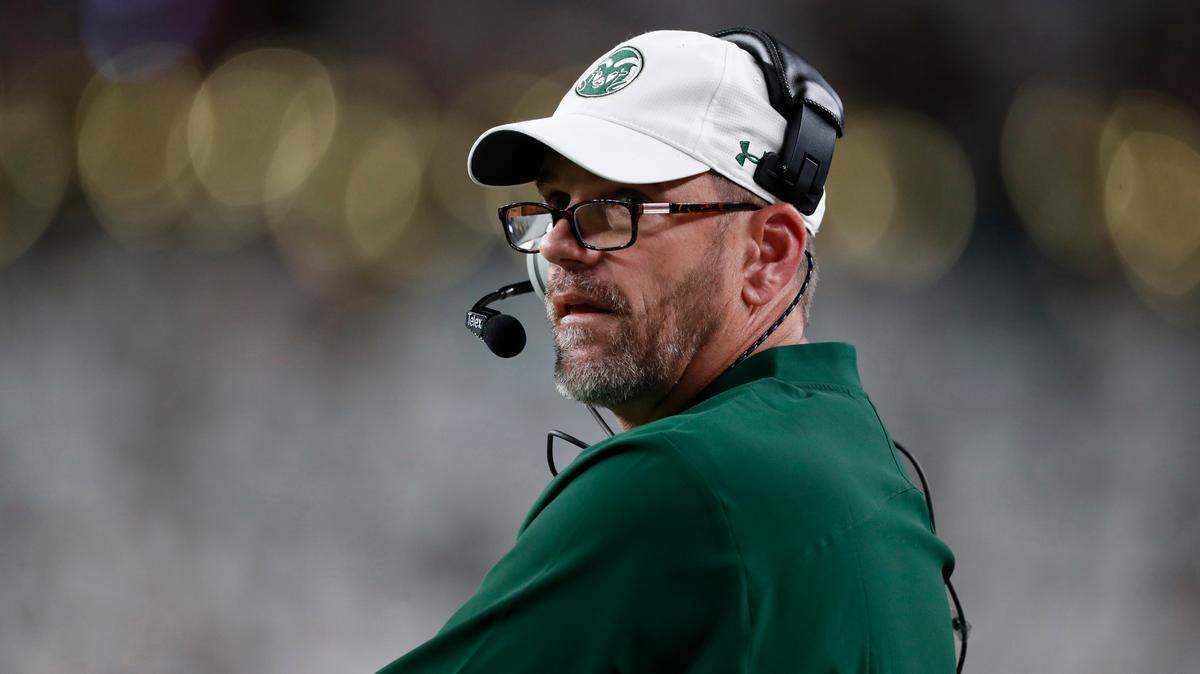 Colorado State Rams head coach Mike Bobo in the first quarter of an NCAA college football game Friday, Aug. 30, 2019, in Denver. (AP Photo/David Zalubowski)