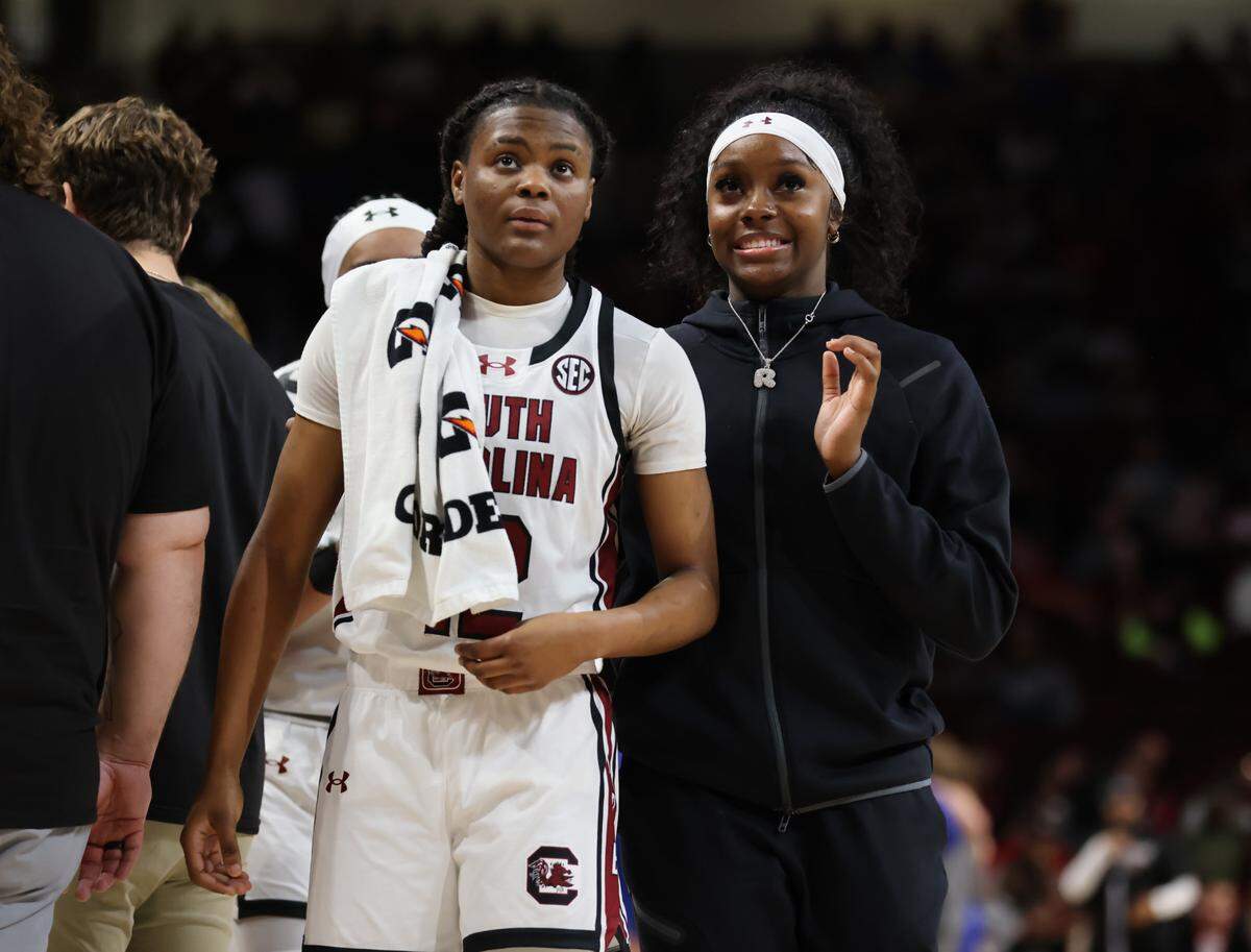 South Carolina guard MiLaysia Fulwiley (12) speaks with guard Raven Johnson (25) during the second half of the Gamecocks’ game at Colonial Life Arena in Columbia on Saturday, December 16, 2023.