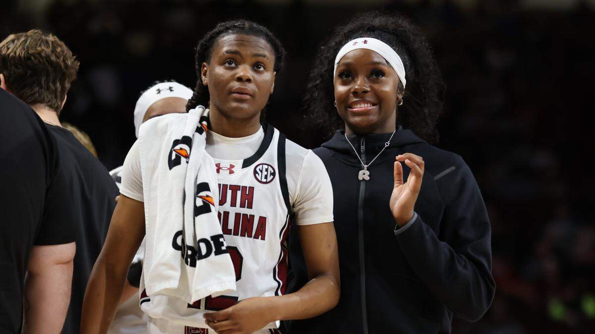 South Carolina guard MiLaysia Fulwiley (12) speaks with guard Raven Johnson (25) during the second half of the Gamecocks’ game at Colonial Life Arena in Columbia on Saturday, December 16, 2023.