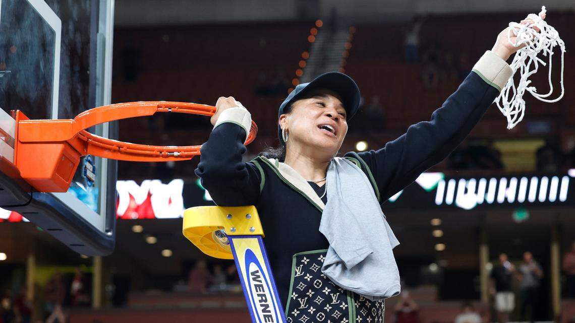 South Carolina Gamecocks head coach Dawn Staley celebrates beating Maryland at the Bon Secours Wellness Arena in Greenville, South Carolina on Monday, March 27, 2023.