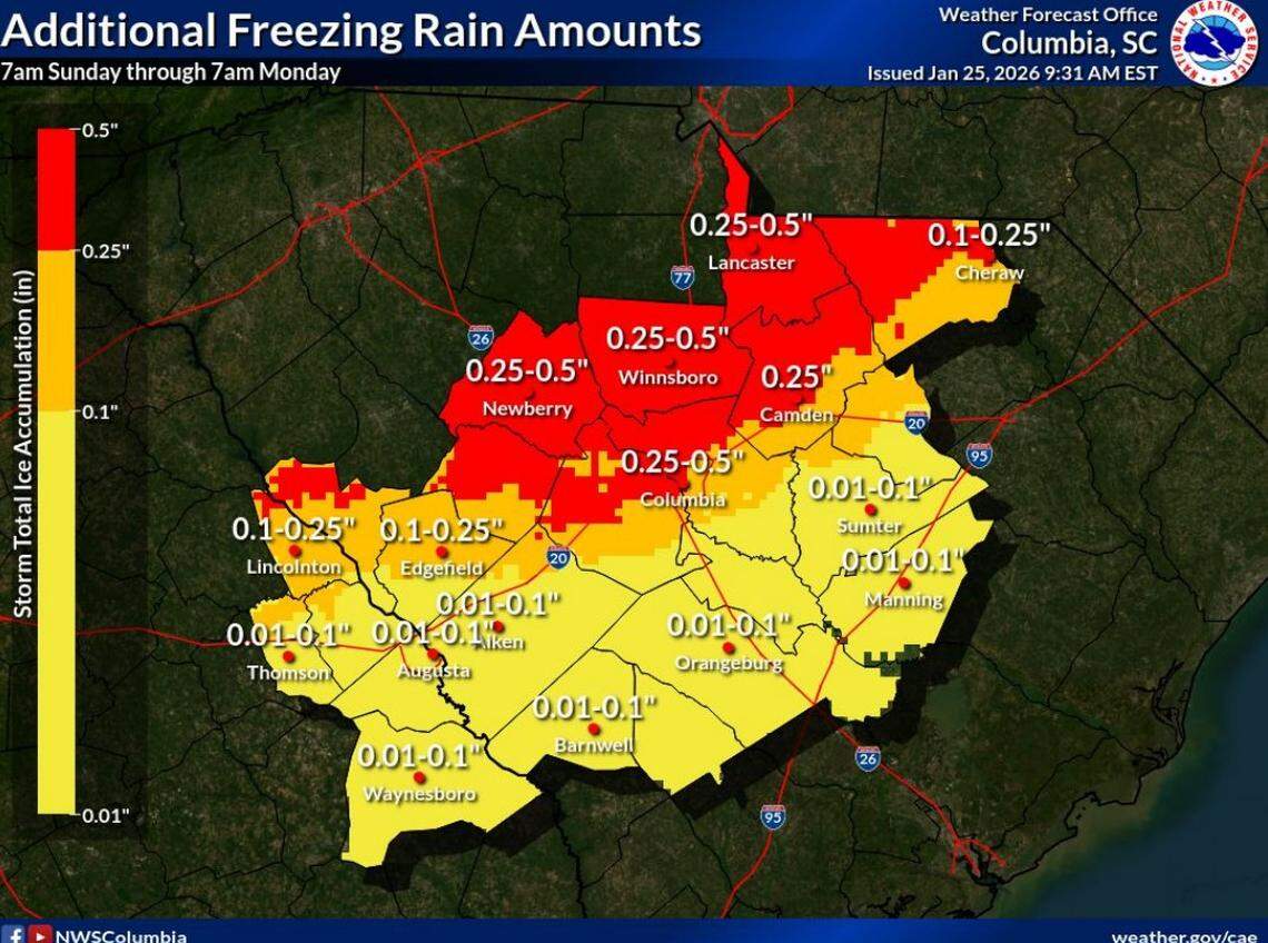 A look at the amount of freezing rain that could be recorded in South Carolina.