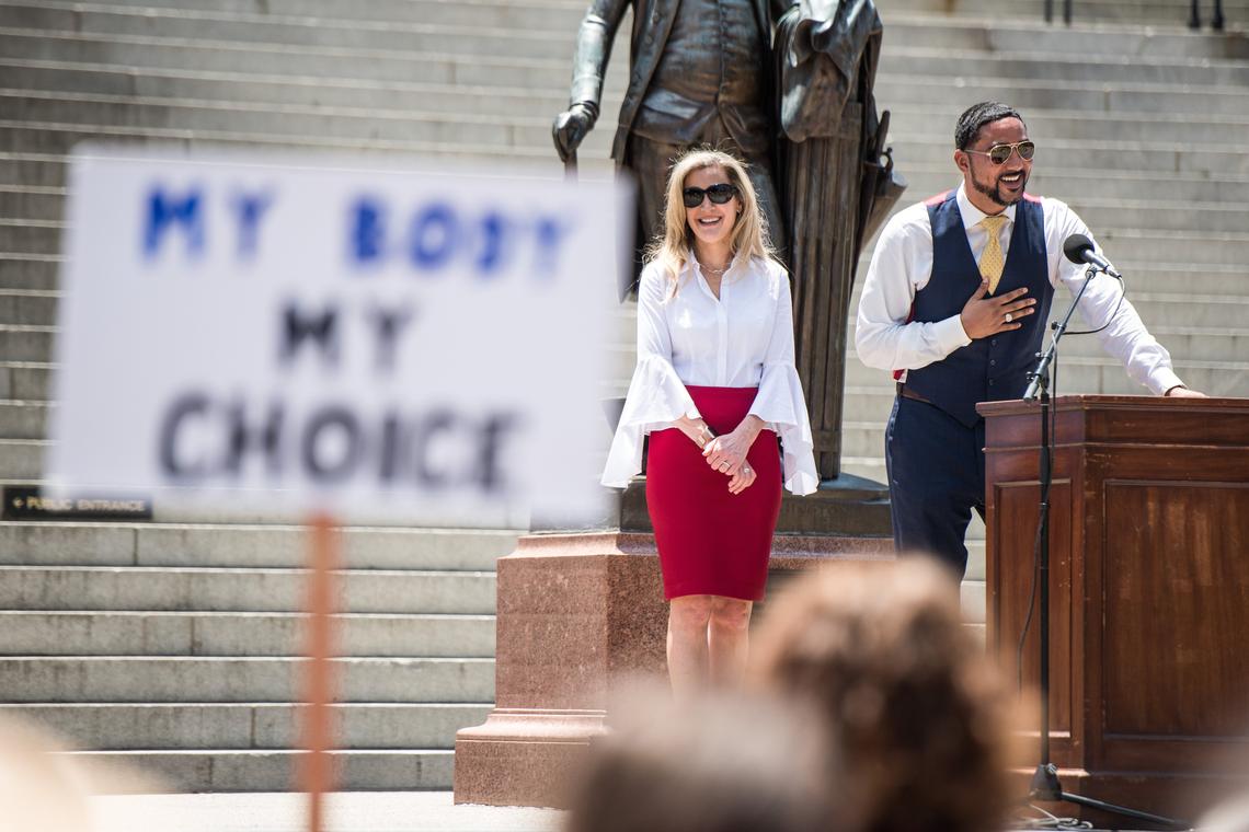 Rep. Justin Bamberg, D-Bamberg, right, and Rep. Beth Bernstein, D-Richland, address the crowd during the national “STOP THE BANS” day of action at the South Carolina Statehouse, Tuesday, May 21, 2019, in Columbia, S.C. The rally was one many held in all fifty states on Tuesday in response top recent state bans on abortion.