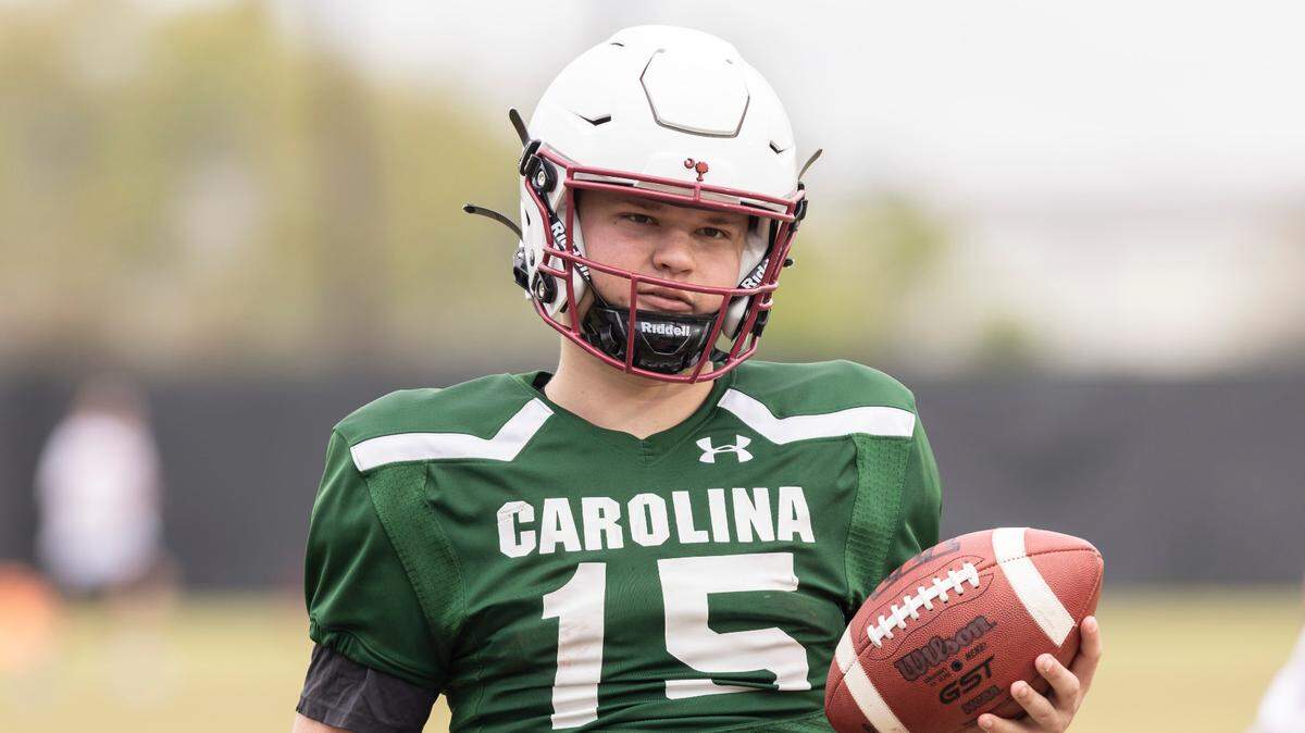 South Carolina quarterback Tanner Bailey (15) runs drills during the Gamecocks’ practice in Columbia on Thursday, March 23, 2023.