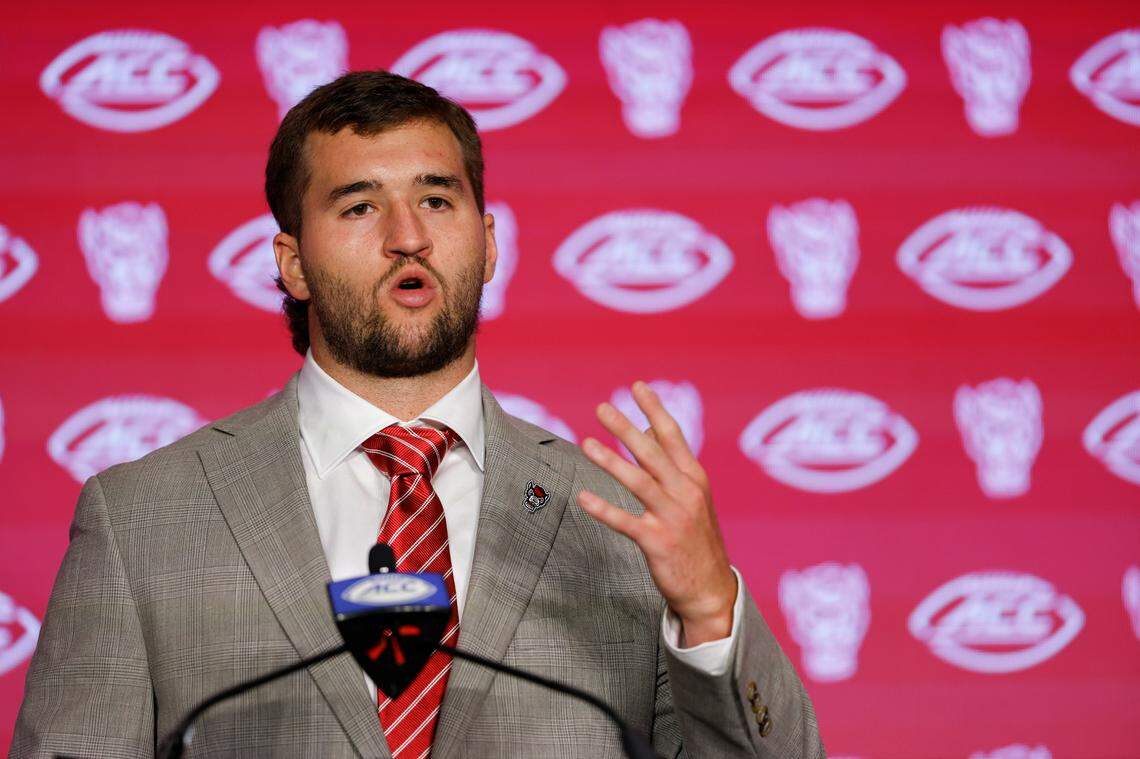NC State&nbsp;quarterback Grayson McCall speaks to the media at the 2024 ACC Kickoff in Charlotte, N.C., Thursday, July 25, 2024.