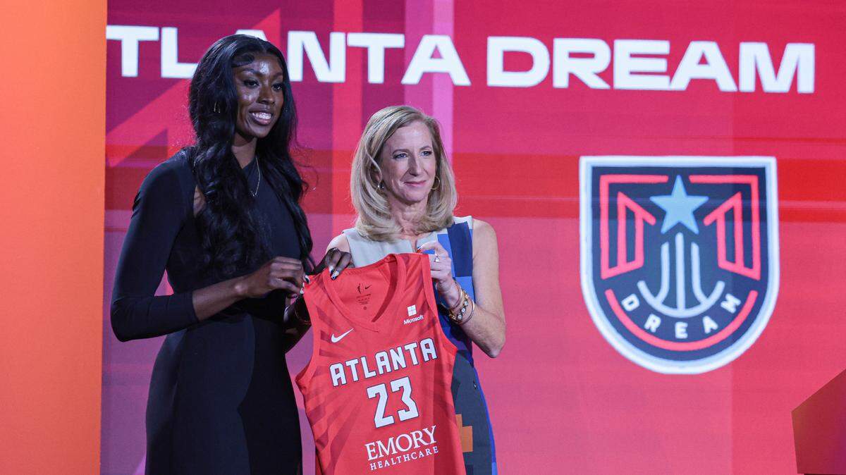 Laeticia Amihere poses for a photo with WNBA Commissioner Cathy Engelbert after being drafted eight overall by the Atlanta Dream during WNBA Draft 2023 at Spring Studio.