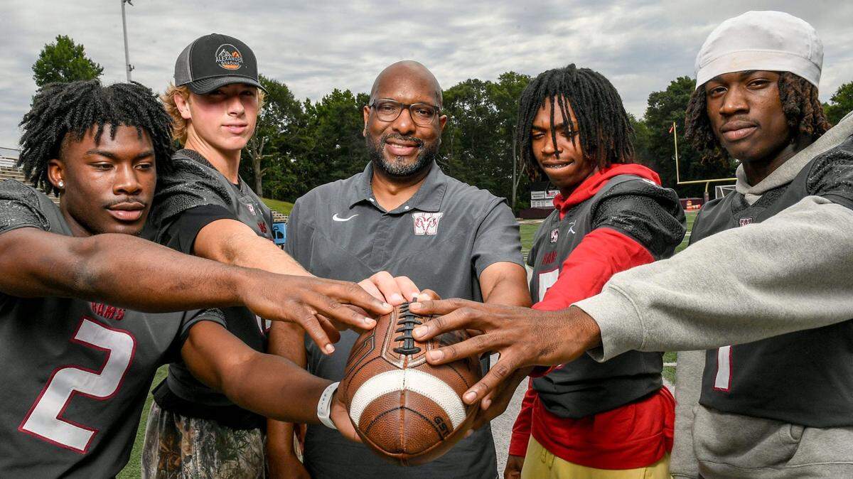 From Westide High in Anderson: Sharode Richardson, Cutter Woods, coach Brian Lane, Armoni Weaver and Chamarryus Bomar. Westide High won the Class 4A state championship in 2023.