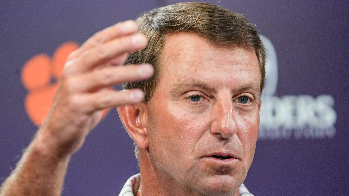 Clemson head coach Dabo Swinney speaks during Clemson football media day at the Smart Family Media Center in Clemson, SC Tuesday, July 15, 2025.