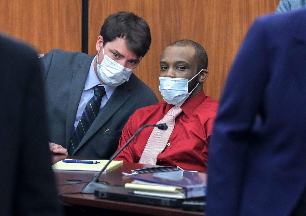 Defense attorney Robert Pillinger talks with defendant Nathaniel Rowland during Rowland’s trial on Wednesday, July 21, 2021 in Richland County Circuit Court. Rowland is accused of killing Samantha Josephson after luring her into his car.