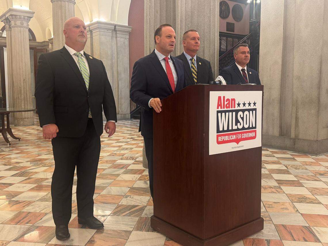 South Carolina Attorney General Alan Wilson speaks to the media as his campaign for governor rolls out endorsements from Chester County Sheriff Max Dorsey, Lexington County Sheriff Jay Koon, and Saluda County Sheriff Josh Price, at the South Carolina State House on Thursday, July 10, 2025.