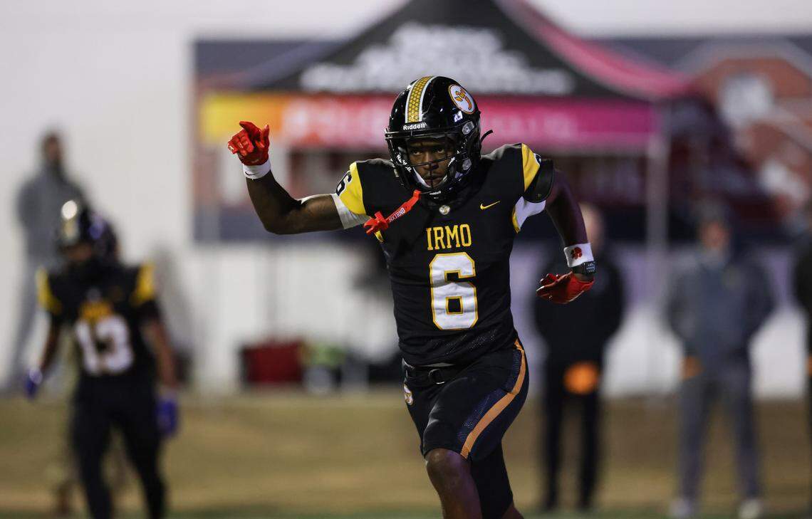 Donovan Murph (6) of Irmo reacts following a touchdown during the Class 5A-D2 football state championship game at Oliver Dawson Stadium in Orangeburg on Saturday, December 14, 2024.