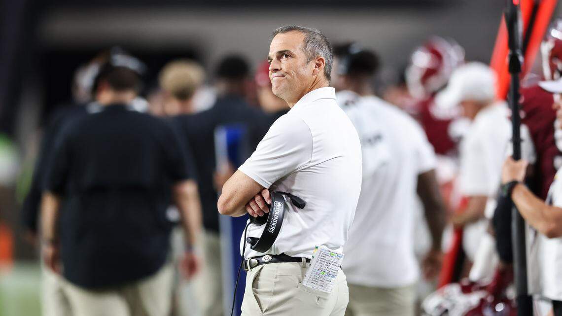 South Carolina head coach Shane Beamer reacts following a play during the first half of the Gamecocks’ game against Vanderbilt at Williams-Brice Stadium in Columbia on Saturday, September 13, 2025.