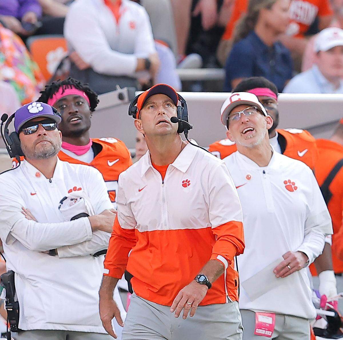 Clemson head coach Dabo Swinney, middle, keeps his eyes on a punt against SMU during second-half action in Clemson, S.C on Saturday, Oct. 18, 2025.