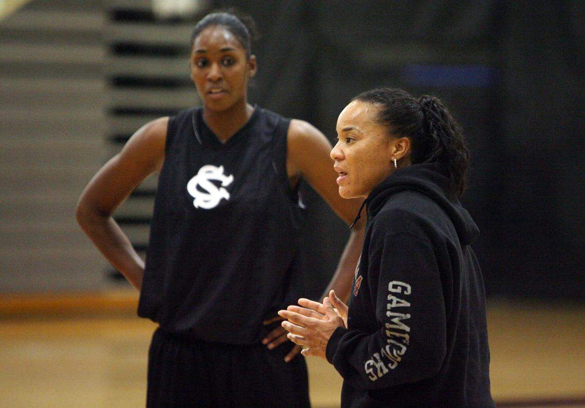 From Oct. 17, 2008: New South Carolina women’s basketball coach Dawn Staley directs her players, including Jewel May, during the first day of practice.